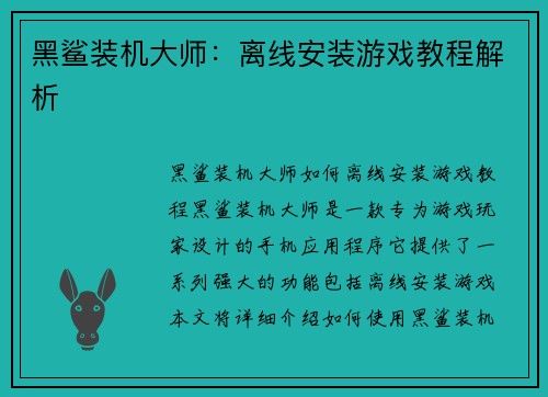 黑鲨装机大师：离线安装游戏教程解析